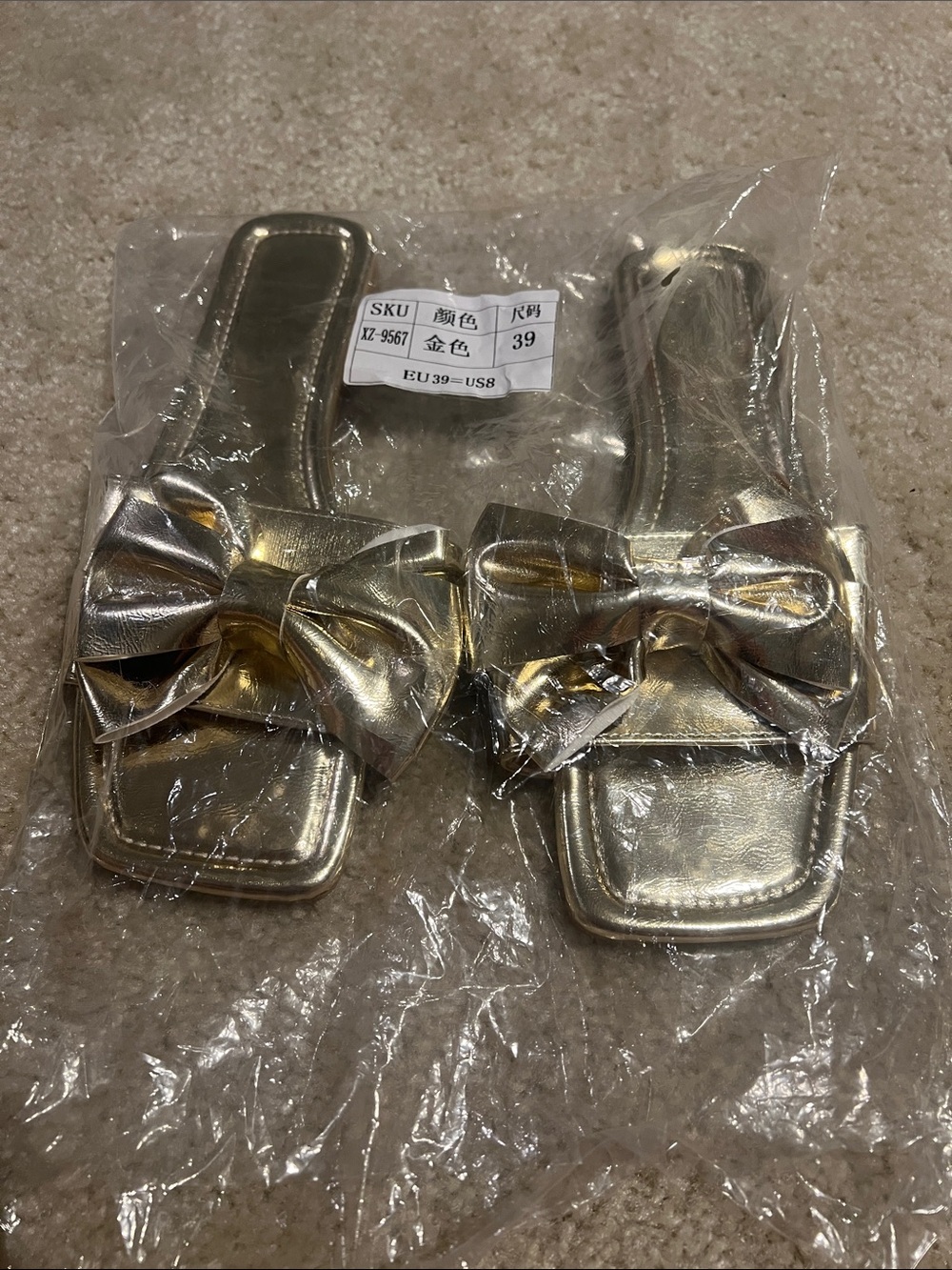 Metallic Gold Bow Slides Sz 39/8 NWT